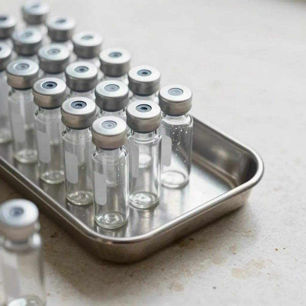 Macro still life of sealed lab tubes and glass vials on a brushed steel tray beside pale stone.