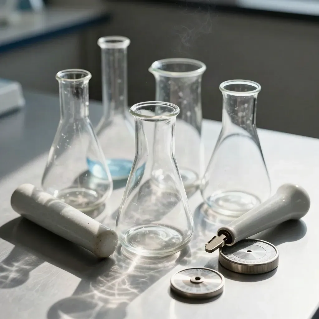 Borosilicate flasks, a ceramic pestle, and calibration weights on a brushed metal bench.