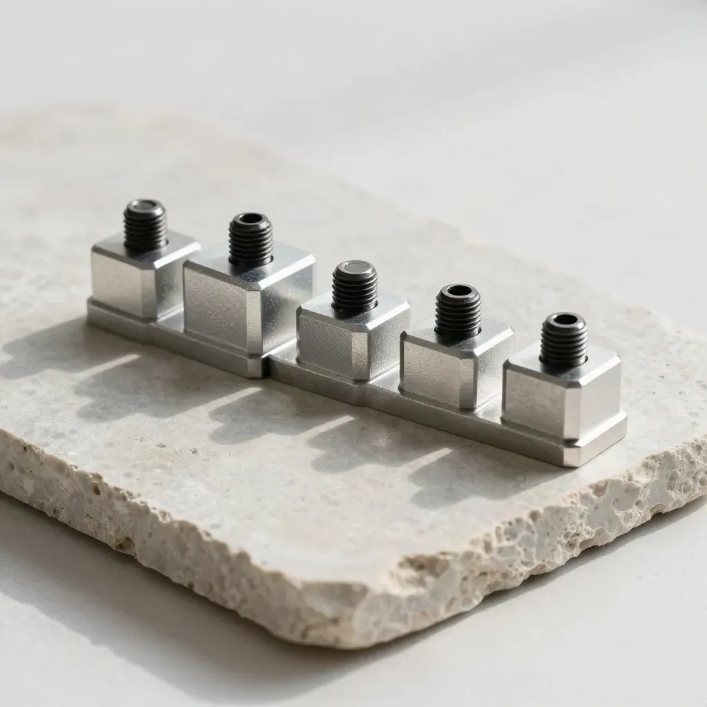 Top-down still life of machined aluminum parts and hex bolts on pale stone.