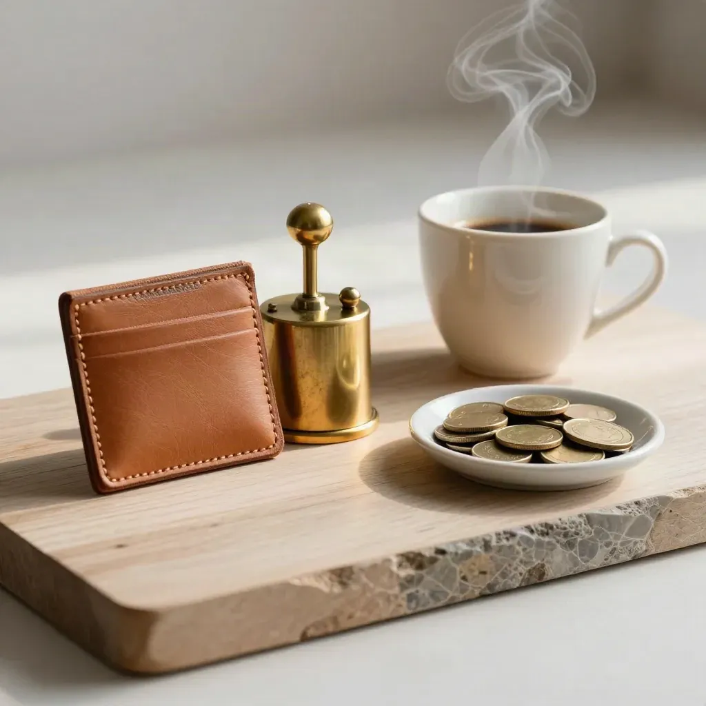 Leather card holder, brass weights, espresso cup and coin dish on pale wood in soft daylight.