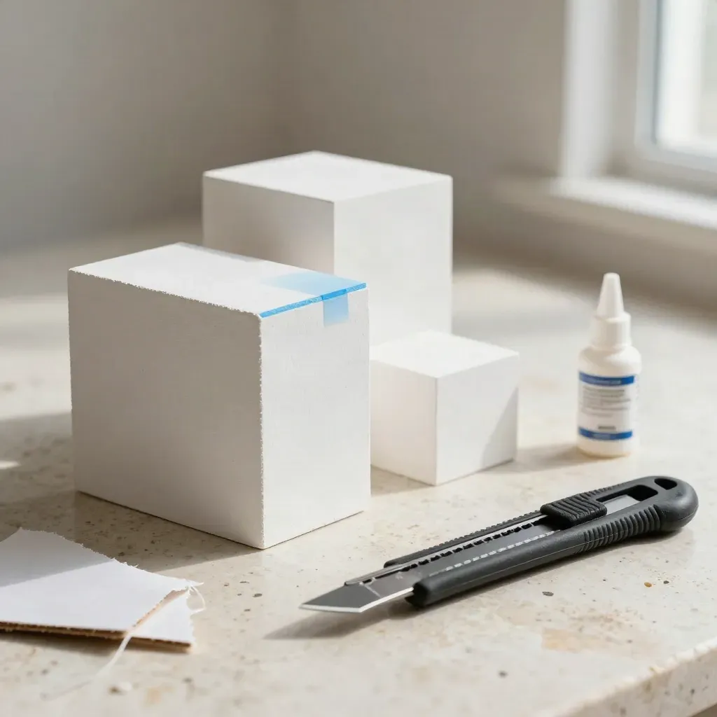 Architectural model materials on pale stone with a utility knife and glue bottle.