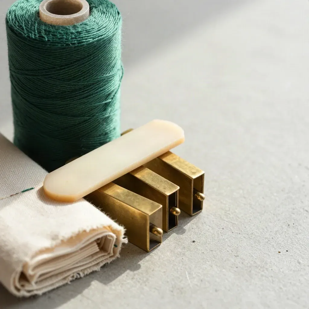 Bookbinding tools and a cloth-wrapped book block on concrete, lit softly from upper left.