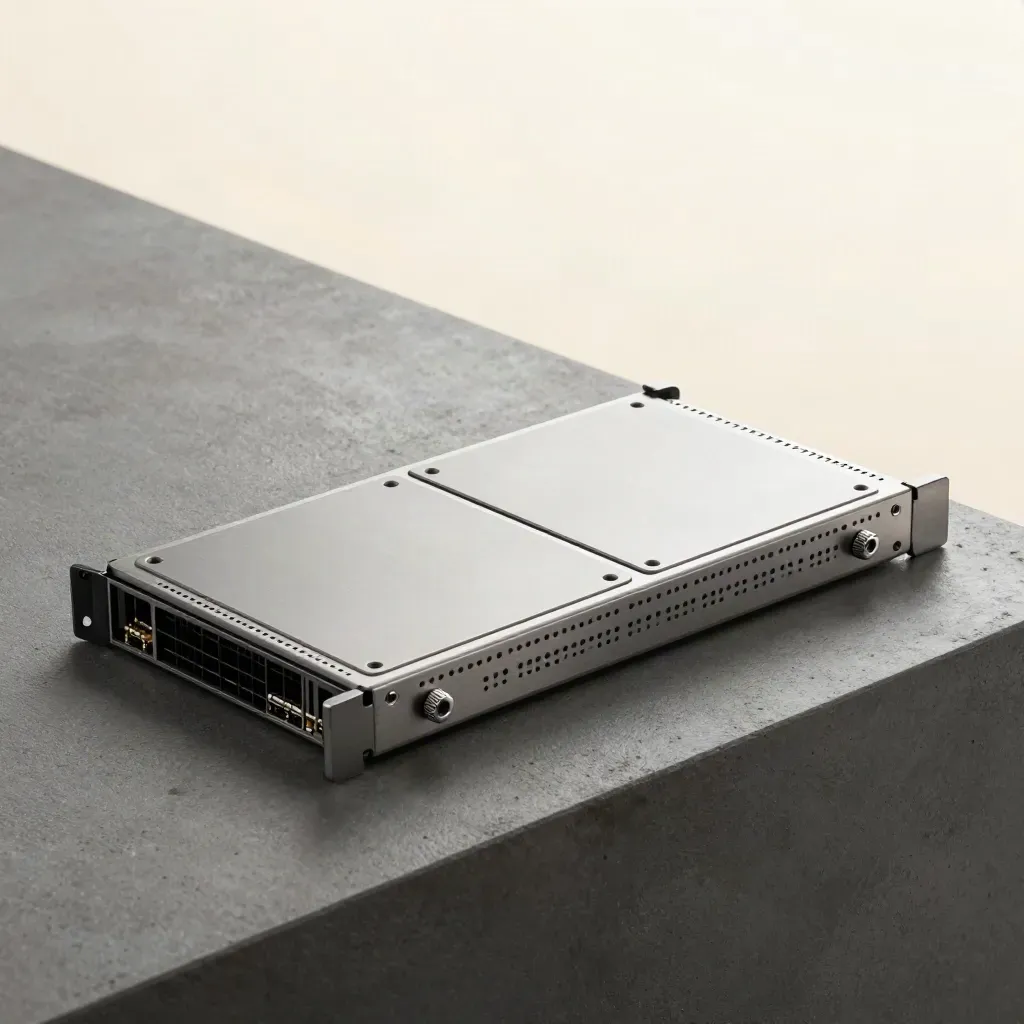 Macro of a rack server blade with blanking plates and tiny thumbscrews on concrete.