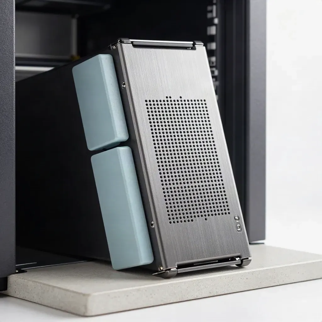 Macro server node with two spacer blocks on a concrete tray