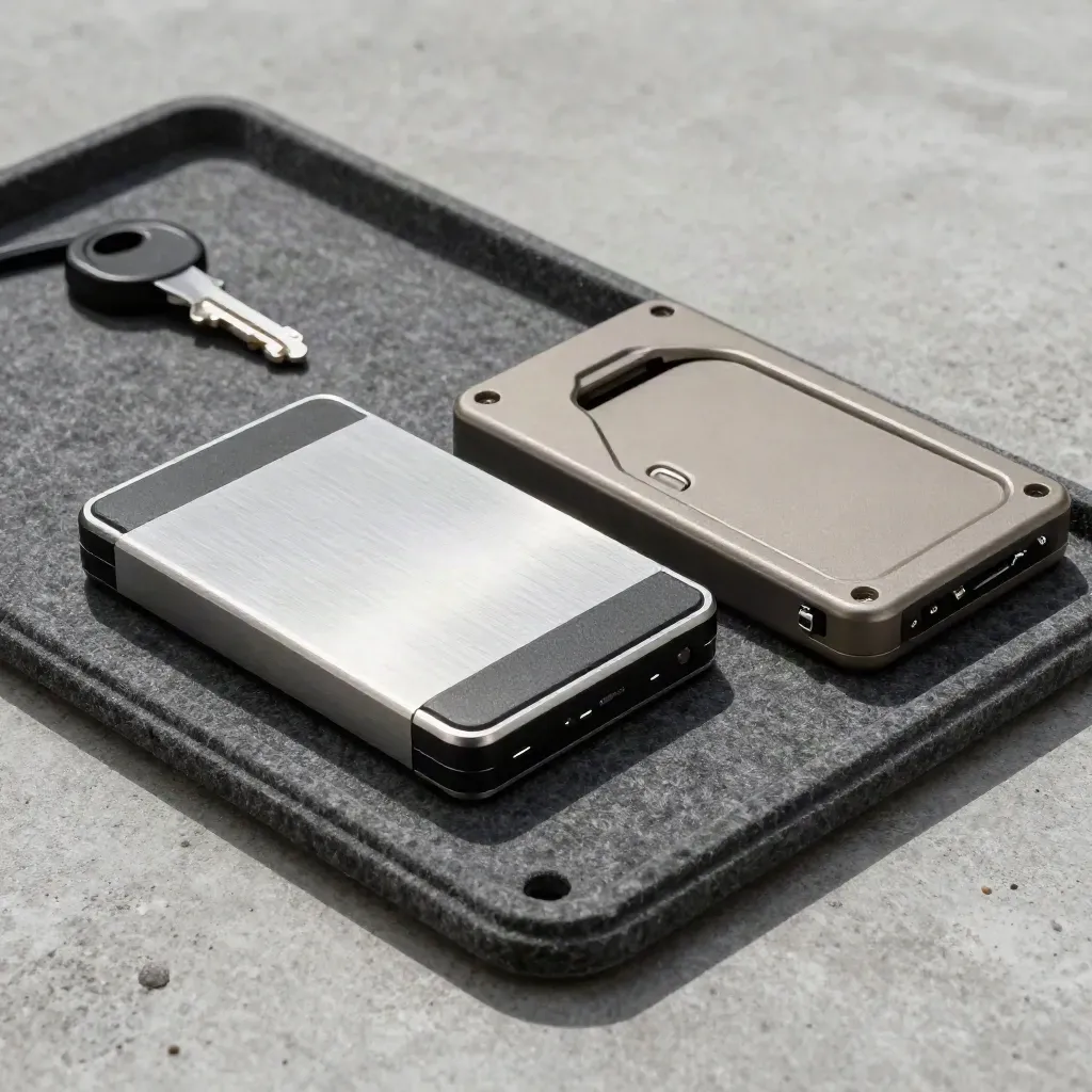 Top-down of two SSD cartridges in felt tray beside a spare caddy on concrete.