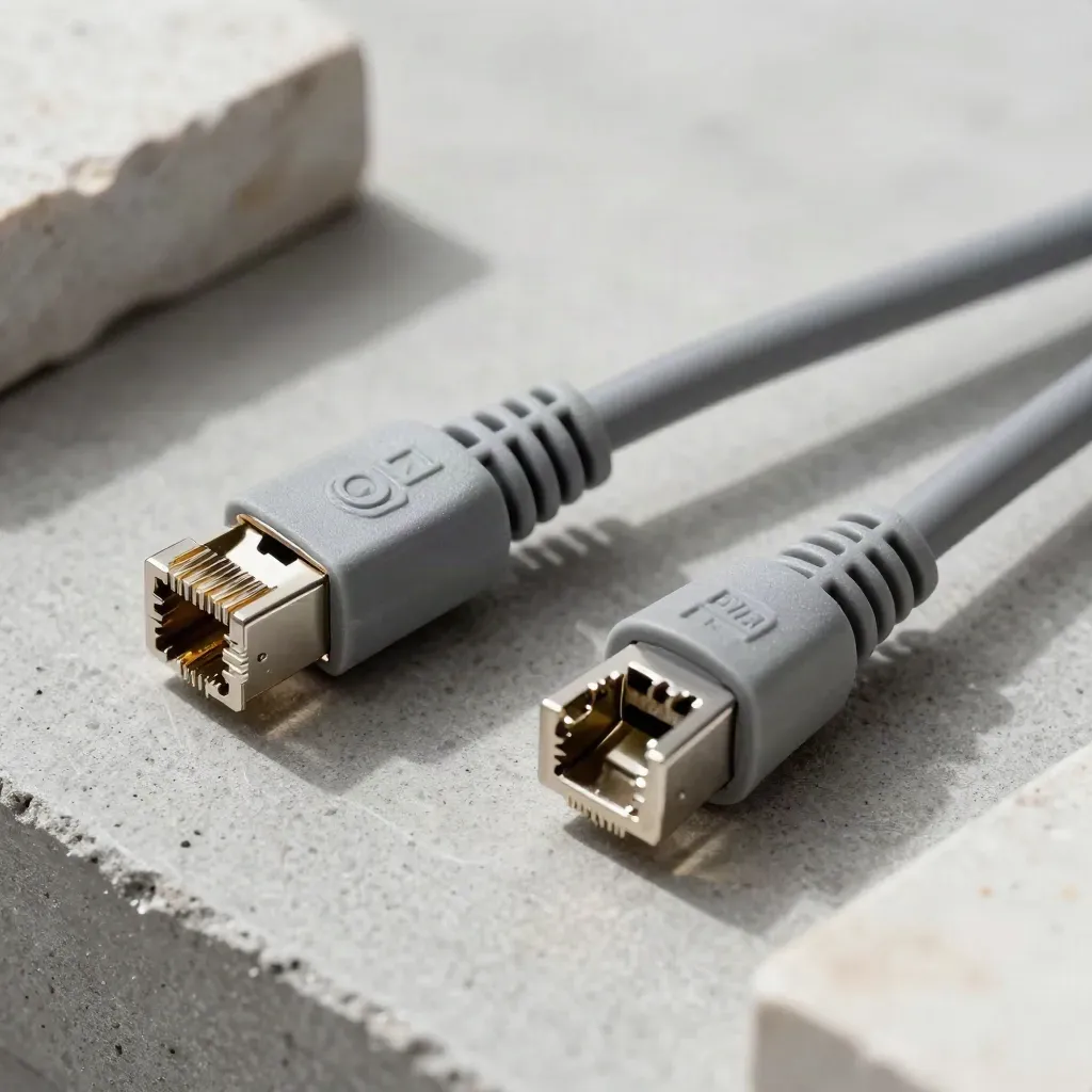 Patch coupler, RJ45 keystone jack, and coiled lead on concrete under dramatic light.
