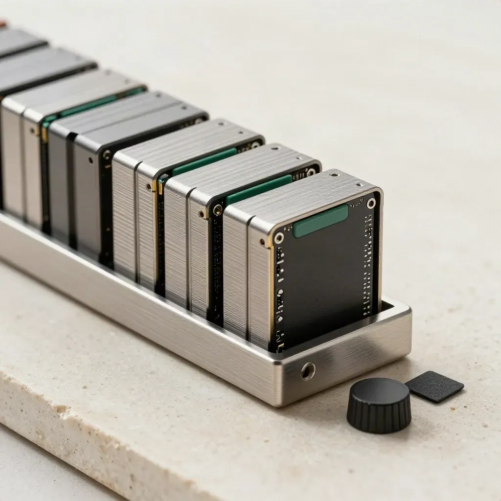 Brushed aluminum SSD dock with stacked modules and a small green accent on pale stone.