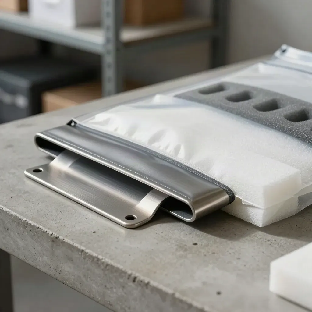 Anti-static pouch, server rail bracket and foam inserts on a concrete packing bench.
