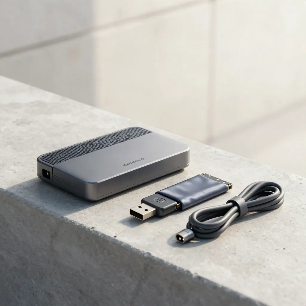 Compact router kit with SSD, USB key and patch lead on concrete in soft daylight