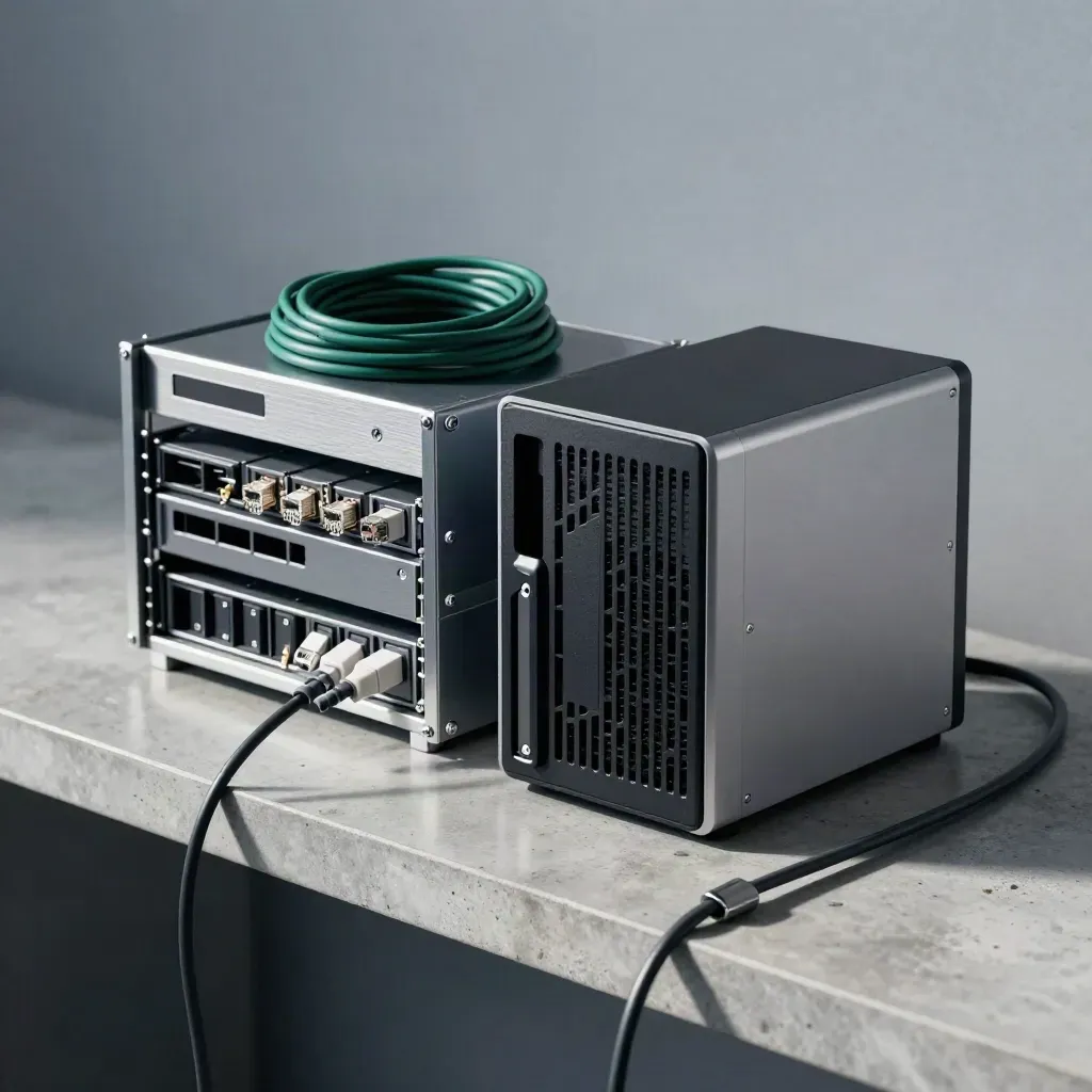 Portable NAS, Ethernet patch cords, and drive caddies on a concrete bench, seen through blurred cable ties.