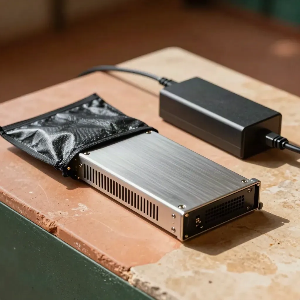 Server blade, anti-static pouch, and power brick on a warm slab in soft light.