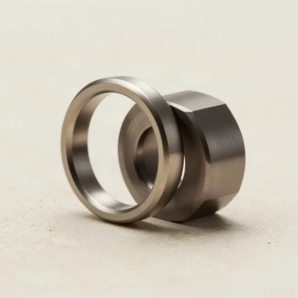 Linked machined rings, magnetic coupling block and spacer on creamy stone, top-down macro