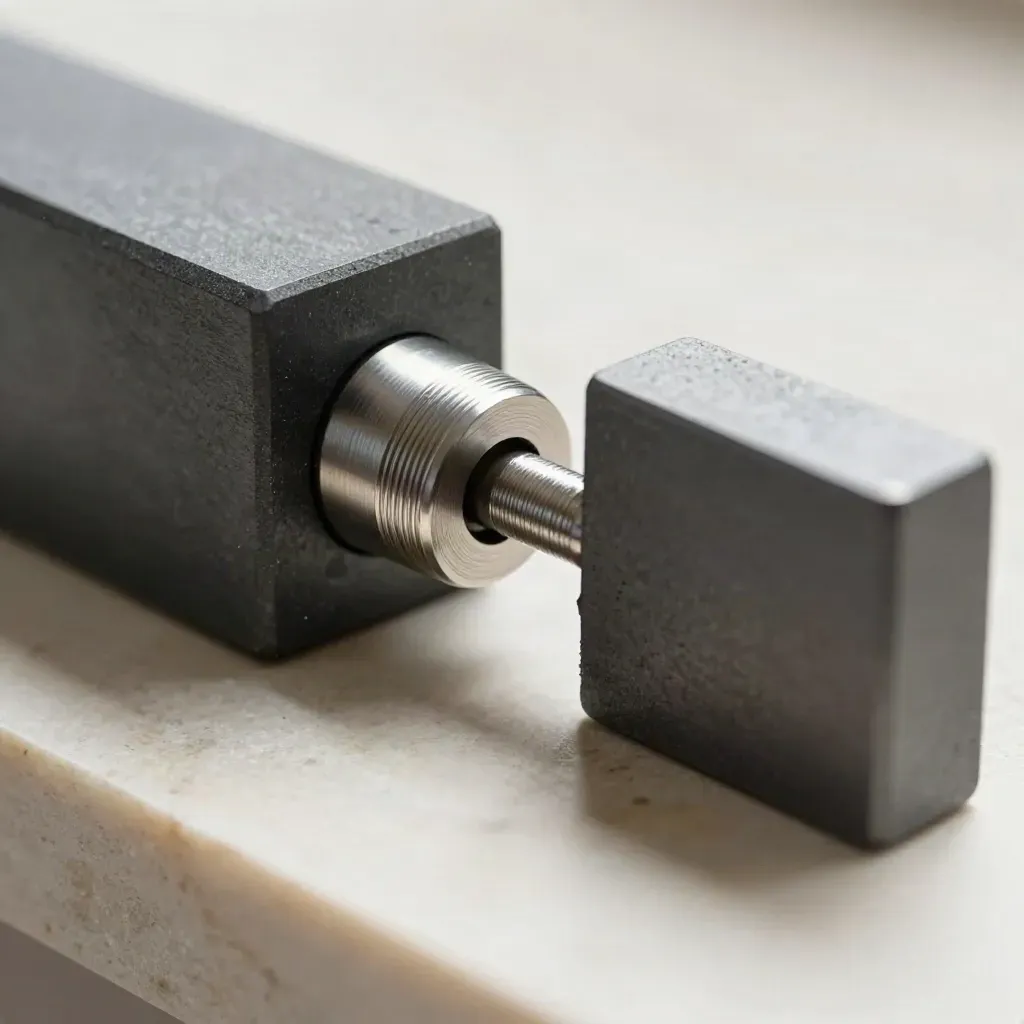 Graphite precision blocks and a pivoting pin aligned on pale stone in dramatic studio light.