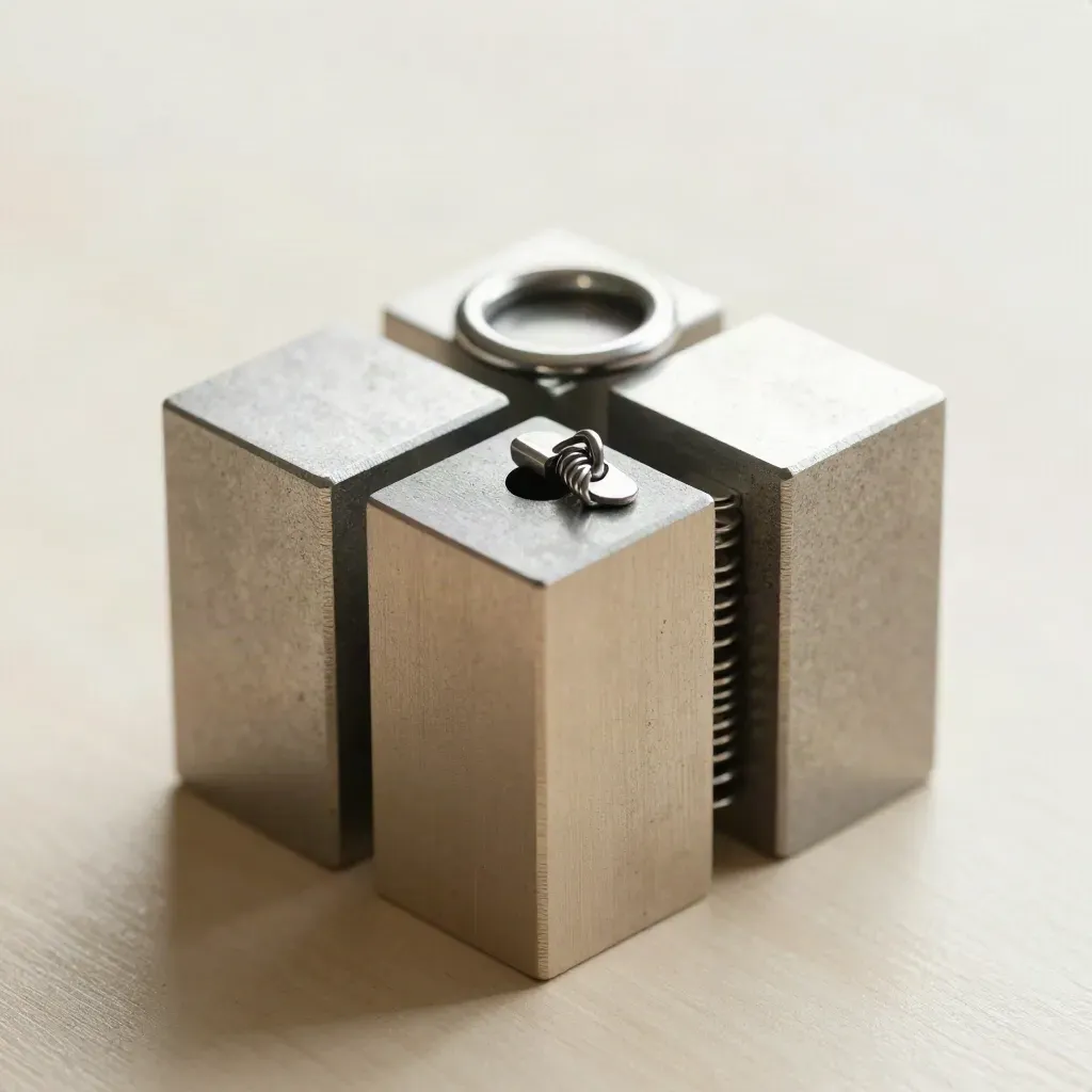 Top-down cluster of graphite connector cubes, a ring and spring clip on pale wood