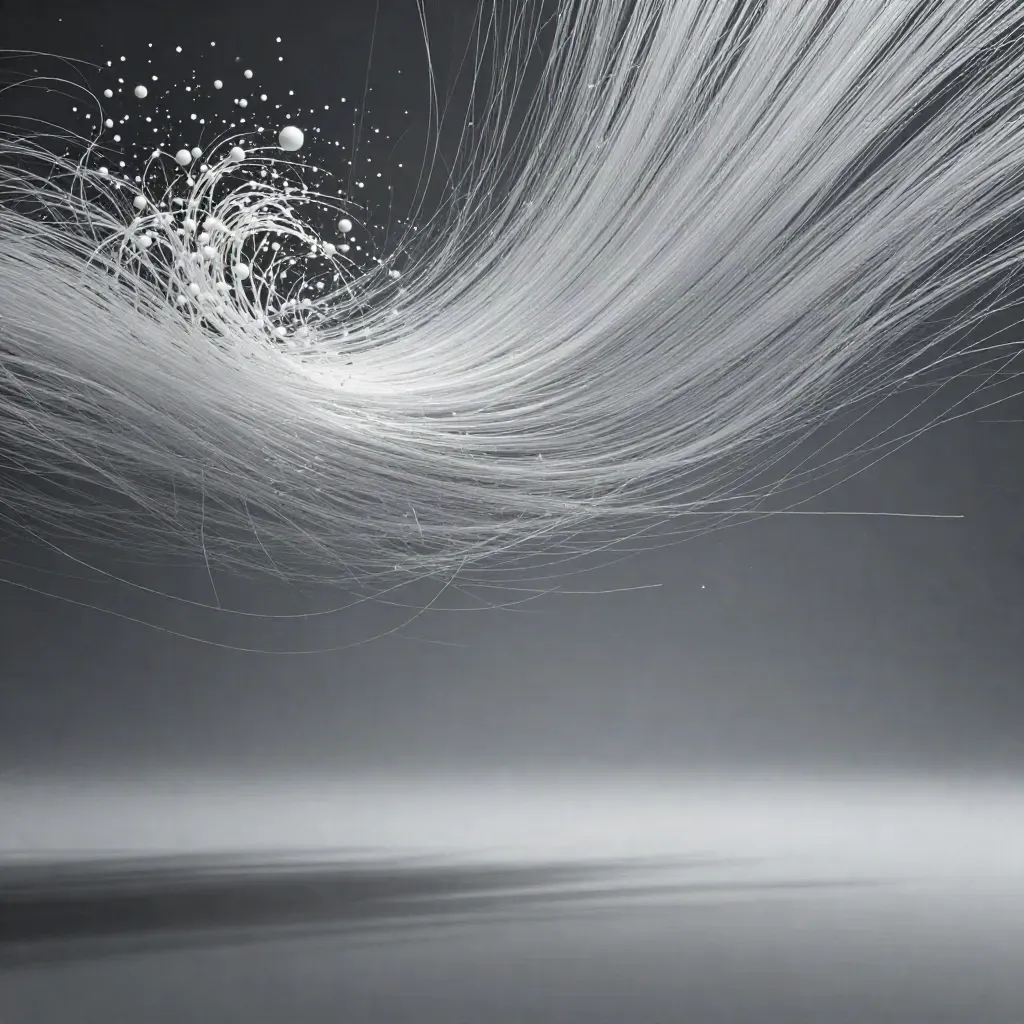 Silver light filaments converge into a soft white bloom in dark haze with open copy space.